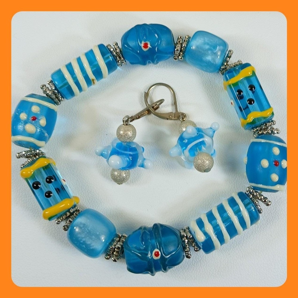 Artisan Handmade Blue Lampwork Glass Bead Stretch Bracelet and Earring Set
